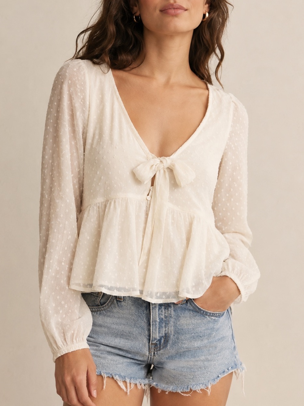 Abercrombie & Fitch Ivory Swiss Dot Tie-Front Peplum Blouse Coquette Soft Girl S